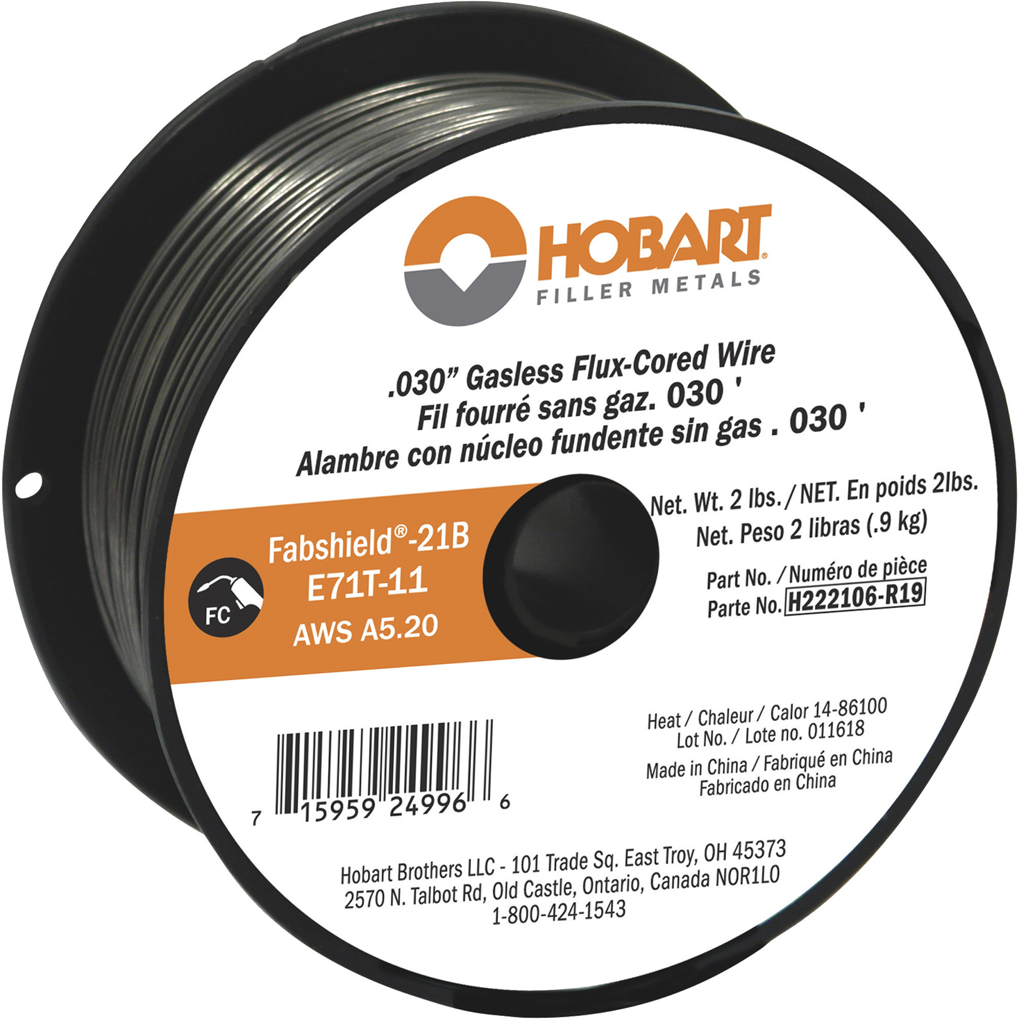 Hobart Flux-Cored Welding Wire, E71T-11 Carbon Steel, .030in., 2-Lb. Spool, Model# H222106-R19